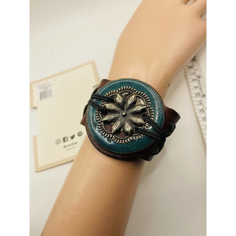 Desert Bloom Leather Cuff Bracelet Enameled Turquoise Silver Tone - Myra 7585